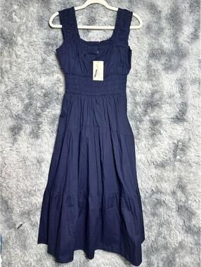 Navy Blue Sleeveless Maxi Dress with Smocked Waist